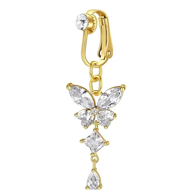 Clip on Belly Button Ring Butterfly Copper Zircon Pink Fake Belly Piercing Umbilical Navel Body Jewelry Trendy Fashion Style