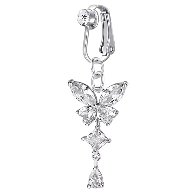 Clip on Belly Button Ring Butterfly Copper Zircon Pink Fake Belly Piercing Umbilical Navel Body Jewelry Trendy Fashion Style