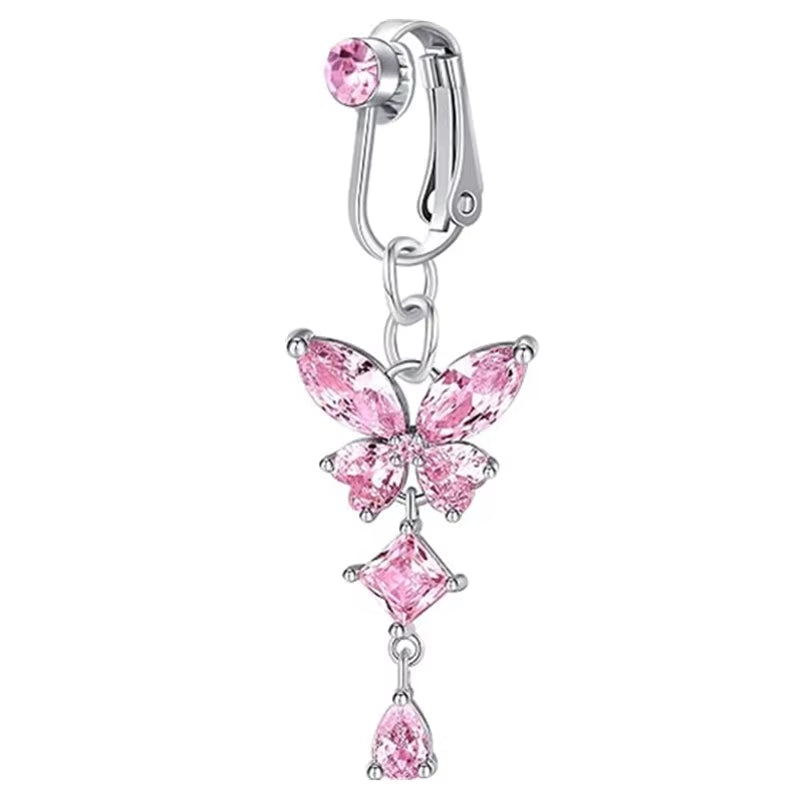 Clip on Belly Button Ring Butterfly Copper Zircon Pink Fake Belly Piercing Umbilical Navel Body Jewelry Trendy Fashion Style