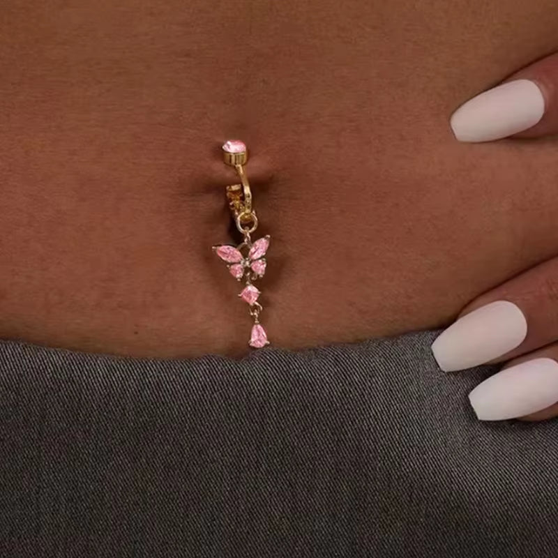 Clip on Belly Button Ring Butterfly Copper Zircon Pink Fake Belly Piercing Umbilical Navel Body Jewelry Trendy Fashion Style