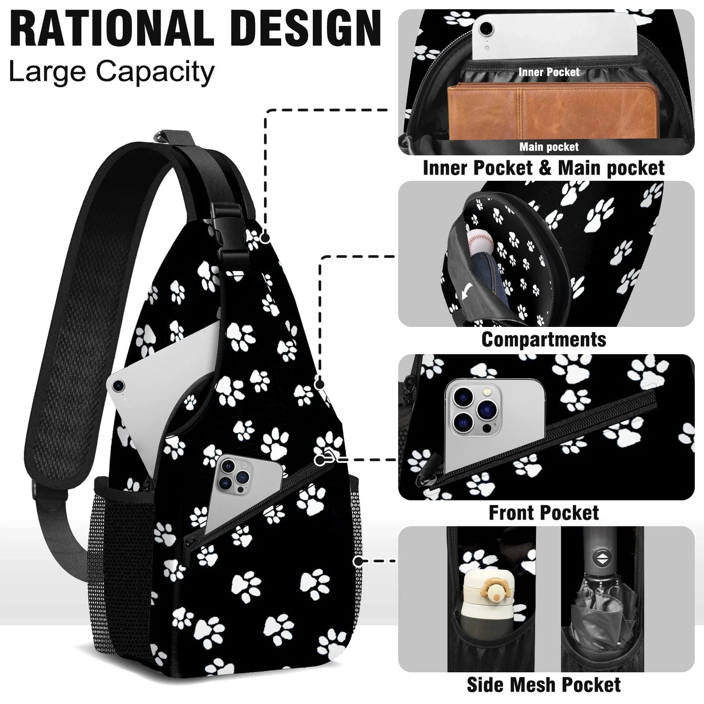 Vacekoe Crossbody Sling Backpack for Men and Women - Outdoor Travel and Camping Daypack with Dog Footprint Design